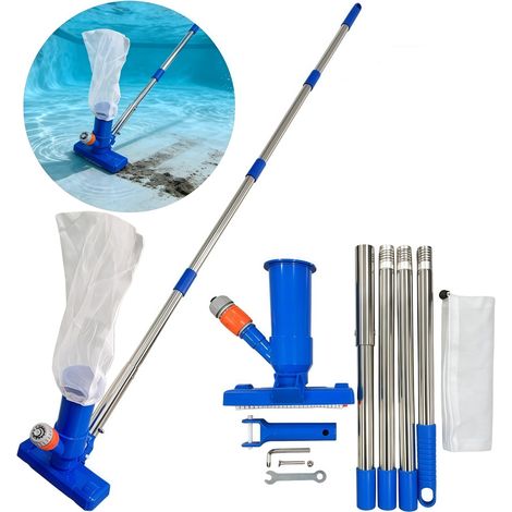 Outil d'aspiration piscine manche télescopique aluminium, brosse raccord tuyau arrosage, sac filtrant maille (pour fonds hors sol, spas)