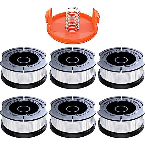 Set di 6 bobine di filo per decespugliatore compatibili con Black & Decker, diametro 1,65 mm con filo da 9,1 m, contiene 6 bobine di ricambio, 1 coperchio di ricambio per la bobina e 1 molla di ricamb (1/5)