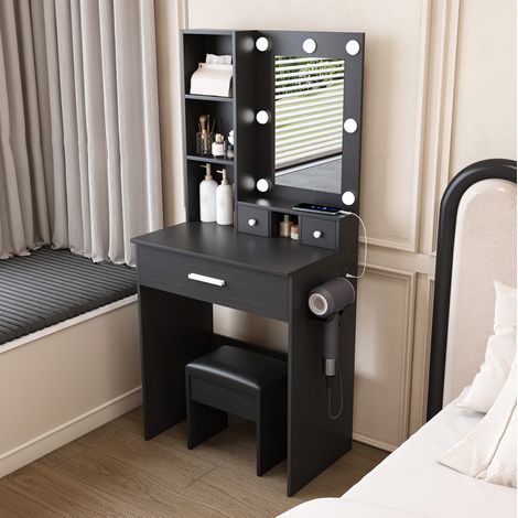 Schminktisch 60/131,5/38 cm in Schwarz mit LED, Steckdose und Hocker (1/5)