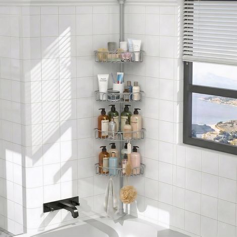 Etagere Salle de Bain sans Percage, Etagere Douche sans Percage Telescopique d'Angle, Rangement et Organisation de la Salle de Bain, Rangement Douche, 4 Niveaux, 85–316 cm, Argent (1/5)