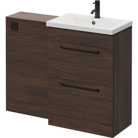 Napoli 390 Brown Oak 1100mm 2 Drawer Vanity Unit Toilet Suite with Glide Basin - 1100mm - Matt Black 320mm HandleWithout Kingston Toilet Pan