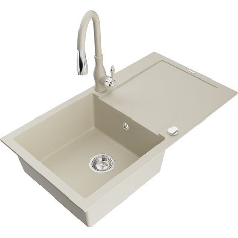 Mexen Leo lavello da cucina in granito a 1 vasca con gocciolatoio e rubinetto cucina Savita, beige - 6501-69-672601-69 (1/5)