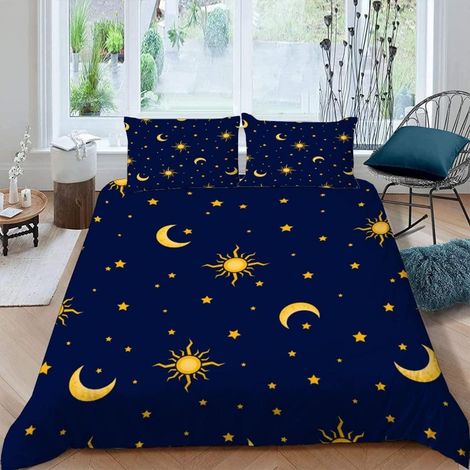 Bettwäsche-Set 220x240 cm mit 2 Kissenbezügen 80x80 cm, 3D-Sonne Mond Sterne, Mikrofaser, Reißverschluss