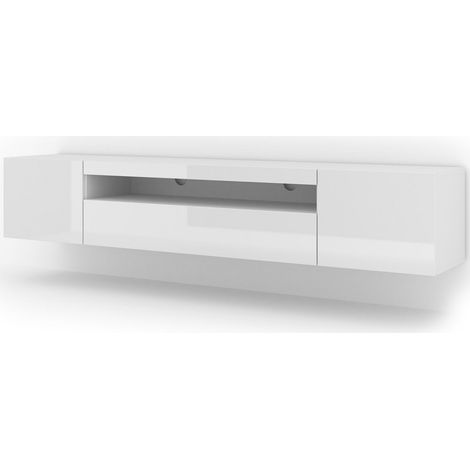 Meuble TV suspendu ou au sol 200 cm – Corps blanc mat, façades blanc brillant – 2 étagères fermées, 1 ouverte – Trou pour câbles – Salone Srl (1/10)