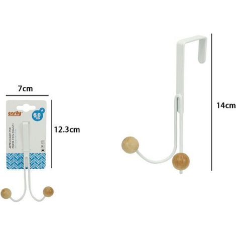 TrAdE Shop Traesio - Appendiabiti Appendino Da Porta Metallo Bianco Palline Legno 2 Ganci Posti 79552 -