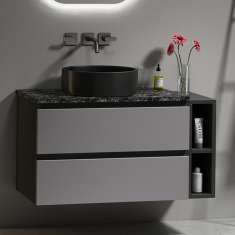 Meuble sous vasque suspendu 80 cm avec lavabo céramique, tiroirs, design moderne, gris anthracite et noir (1/5)