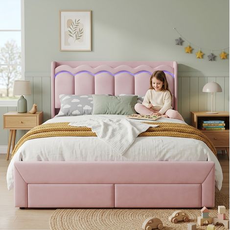 Cama infantil 140x200 de terciopelo rosa, con almacenaje para dormitorio, sin colchón FloraGrace (1/5)
