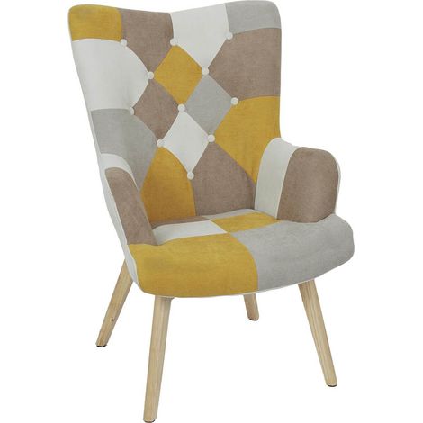 DAMAS - Fauteuil Motif Patchwork Jaune Taupe et Gris (1/5)
