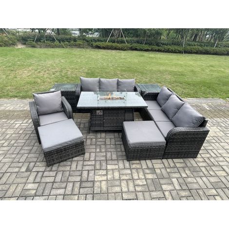 Fimous 9-Sitzer Polyrattan Gartenmöbel Set Gas Feuerstelle Esstisch Liegestühle 3-Sitzer Sofa Set mit 2 Beistelltischen 2 hohen Hockern (1/5)