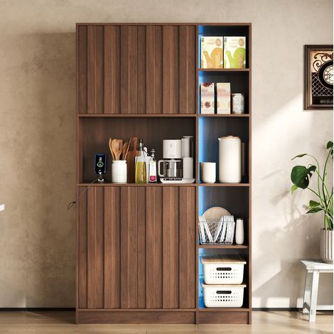 Armario de cocina alto con LED RGB, enchufes 2 AC + 2 USB, MDF nogal 105 x 40 x 180 cm OKWISH (1/5)