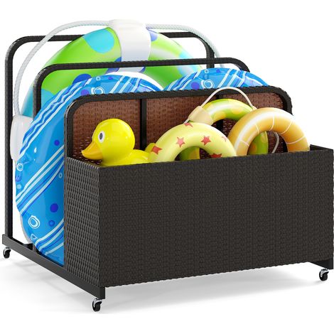 Coffre de Rangement au Bord de la Piscine en Rotin PE, Chariot Roulant d'Extérieur avec Roues, 2 Barres et 1 Panier, pour Coussins, Serviette, Marron (1/5)