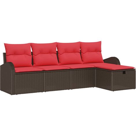Sofa Set with Cushion Manual 5 pcs Brown and Red Poly Rattan vidaXL