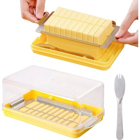 Mantequera de plástico con tapa, mantequera con tenedor para 454 g, divisible en 20 porciones iguales, recipiente para almacenar queso (amarillo) (1/5)