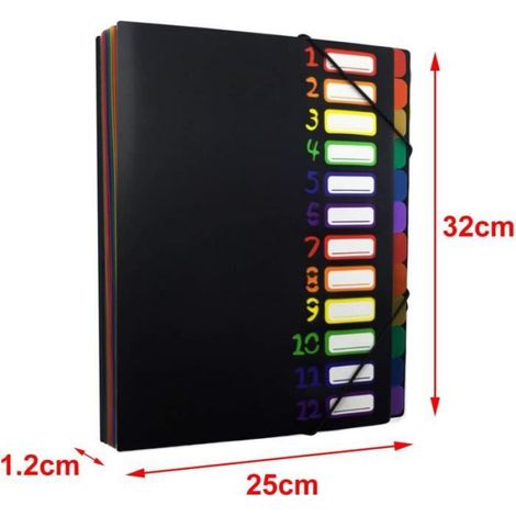 Trieur Document - A4 - 12 Compartiments - Polypropylène - Noir Et 6 Couleurs - 1 Pièce (1/4)