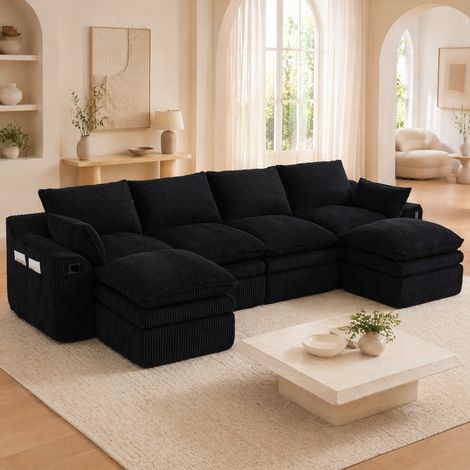 Divano modulare 4 posti 335x167x85 cm in velluto a coste nero con 2 pouf – MEUBLIV (1/5)