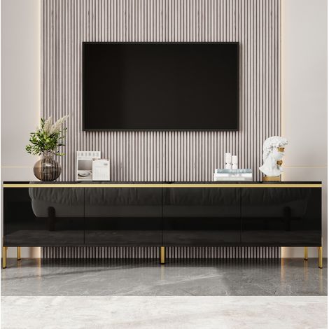 Mueble TV negro 170 x 38 x 50 cm, 4 puertas, paso de cables, acabado brillante parcial HAVRYA (1/5)