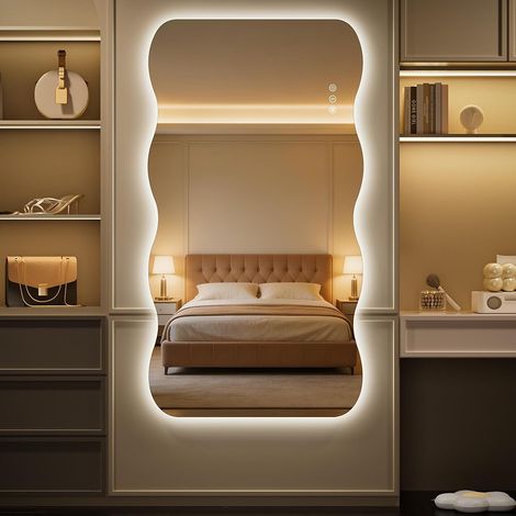 Hasipu Badspiegel mit Beleuchtung 152x91 cm, LED Badezimmerspiegel Wellenform Wandspiegel, Beschlagfrei Bad Spiegel mit Touch-Schalter, 3 Lichtfarben Dimmbar