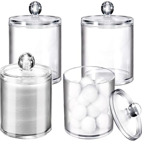 Lot de 4 pots en plastique transparent avec couvercles pour cotons-tiges, boîtes de rangement pour produits de beauté (coton-tiges, disques de coton, boules de coton, cure-dents, sels de bain). (1/5)