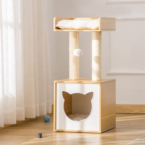 PawHut 2-stöckiger Katzenbaum mit Höhle, Liegefläche, Kratzstämmen aus Natursisal, waschbaren Kissen und Spielball, 35 x 35 x 81 cm, Eiche und Weiß