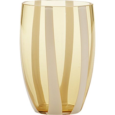 Gessato Set 6 Bicchieri Tumbler in Vetro Soffiato a Bocca Colore Ambra, Design Artigianale con Fasce Verticali in Pasta Bianca, Eleganti e Moderni