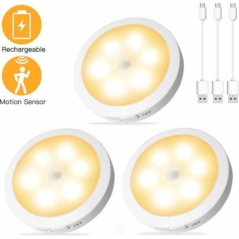 3Pcs Lampe Détecteur de Mouvement, Lampe de Placard/Armoire,Veilleuse,Lampe à Sans Fil,Rechargeable Lampes de Nuit pour Vitrines,Cuisine,Chambre,Coiffeuse,Couloir,Escalier (1/5)