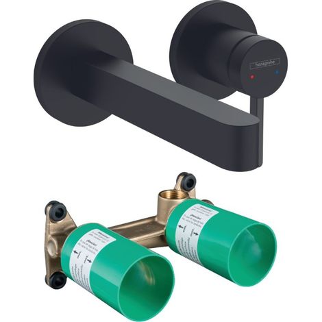 HANSGROHE Finoris mezclador de lavabo de pared 165 mm + desagüe libre negro mate + cuerpo empotrado