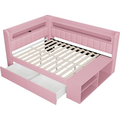 Cama tapizada 90 x 200 cm con USB y tira LED, rosa, con 2 cajones y zapatero (1/5)