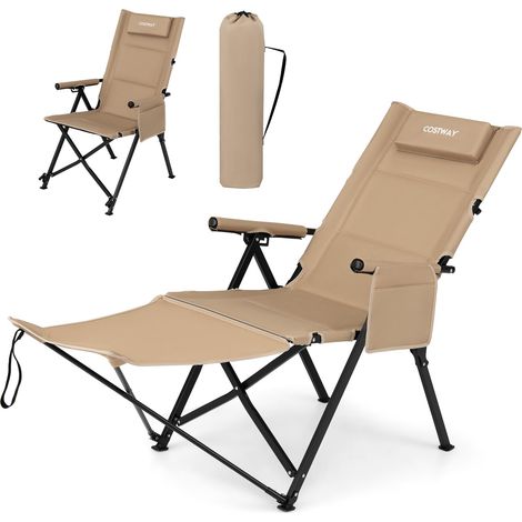 COSTWAY Sedia da Campeggio Pieghevole, Sedia a Sdraio con Poggiapiedi, Schienale Regolabile, Poggiatesta e Tasca Laterale, Portata 150 kg, Sdraio da Esrerno per Giardino e Spiaggia (Kaki) (1/5)