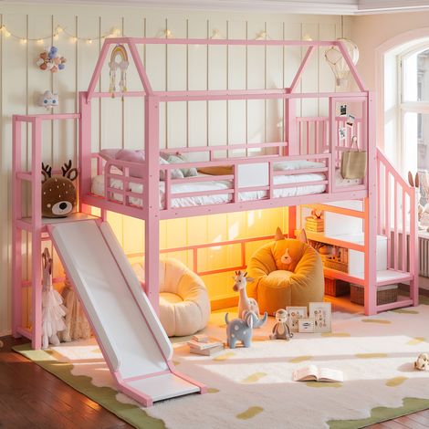 Cama alta infantil 90x200 cm de metal rosa con tobogán, sin colchón – MEUBLIV (1/5)
