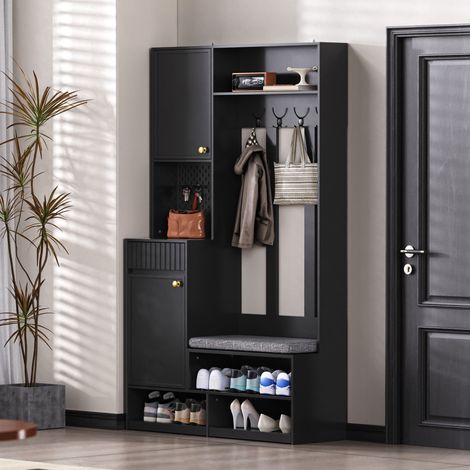 Set guardaroba da ingresso in MDF nero con 4 ganci, 100 x 35 x 180 cm, panca imbottita, armadio, cassetti e pannello forato (1/5)