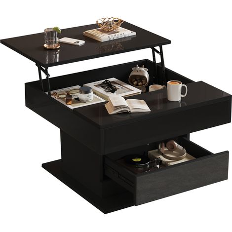 Table basse relevable 70x70x45 cm en panneaux de bois noir, avec rangement pour salon - FLORAGRACE (1/5)