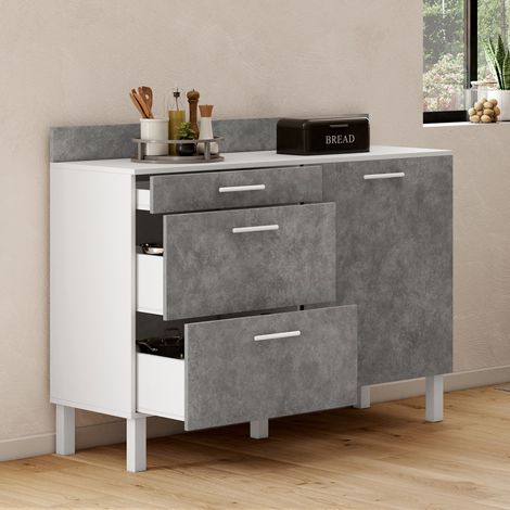 Idmarket – Buffet bas casserolier de cuisine 120 cm – Plan de travail H. 83 cm – 1 porte + 3 tiroirs – Blanc effet béton – Panneaux de particules et pieds métal