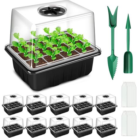10 Pièces - Plateau Semis - Mini Serre - Couvercle Réglable Humidité - Matériau PVC Épais 0,8mm - Intérieur Balcon Terrasse - Noir - 3,7x3,7x5,5cm