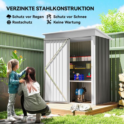 Abri extérieur en tôle ondulée grise, rangement mural pour outils, étagères ajustables, porte sécurisée avec serrure