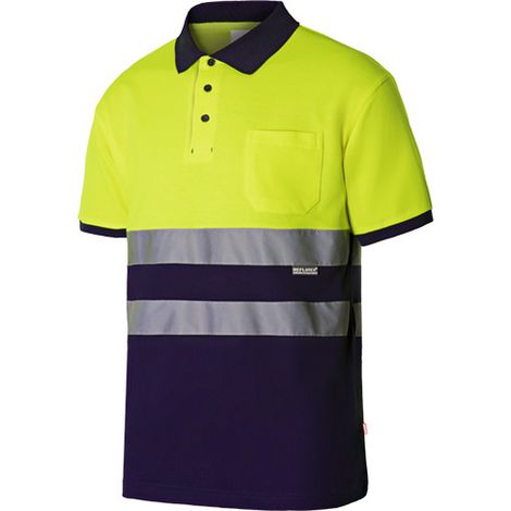 Polo algodón bicolor manga corta alta visibilidad 305513 4XL - Amarillo flúor / Azul Navy