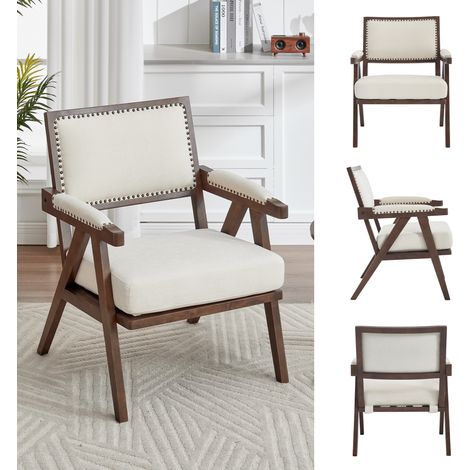 Fauteuil lounge en tissu style mid-century moderne, fauteuil 1 place avec accoudoirs, structure en bois et assise rembourrée, idéal salon, chambre ou bureau,Beige