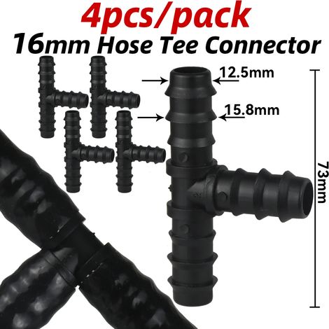 (Té 16 mm - 4 pièces) 4 raccords cannelés en T, coudes et bouchons pour tuyaux d'irrigation goutte à goutte en PE (16 mm, 20 mm et 25 mm) - Compatibles avec tuyaux d'arrosage de jardin (1/2" et 3/4"). (1/5)