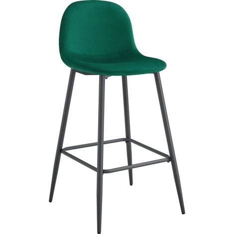 Lot 2 Tabourets de Bar Scandinave Velours Vert Pieds Métal Noir