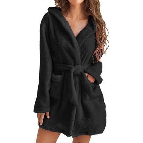 Peignoir à capuche en polaire pour femme, épais et chaud, en peluche douce et moelleuse, avec ceinture, noir, taille S (1/5)