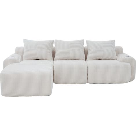 Canapé modulable en velours côtelé pour 3 personnes (avec poufs), combinable librement, avec porte-gobelet et poche de rangement latérale, idéal pour le salon, la salle familiale et d'autres pièces, B (1/5)
