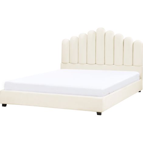 Cama con somier de terciopelo cabecero de concha marina blanco crema 180 x 200 cm Vincennes