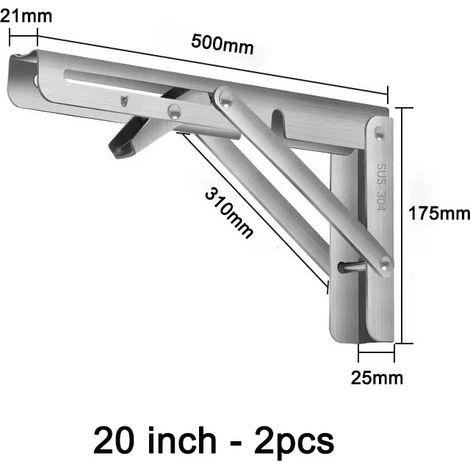 Supports d'étagère pliables (argentés, 50 cm - 2 pièces (1 paire)) en acier inoxydable 304 robuste, fixation murale, gain de place pour table ou établi. (1/5)