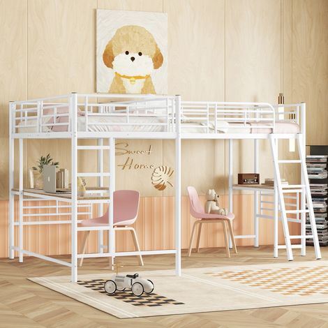 Cama alta 90x200 cm dos literas superiores mesa debajo escalera doble barandillas altas color blanco(Sin Colchón) (1/5)