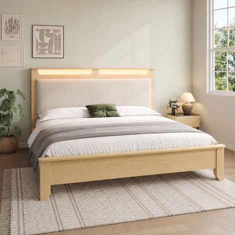Cama doble 160x200 cm beige y roble claro en madera y pana con cabecero LED y almacenamiento (1/5)