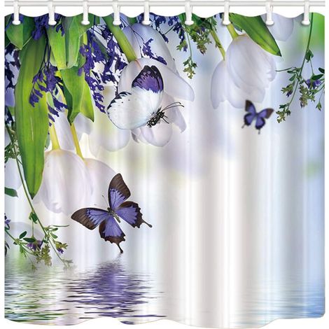 Rideau de douche à motif floral violet papillon tulipe blanche décor naturel moderne, ensemble de décoration de salle de bain avec 12 crochets