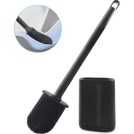 Brosse WC plate en silicone antibactérienne, brosse de nettoyage pour salle de bain, fixation murale ou sur pied, noire-AquaForge (1/5)