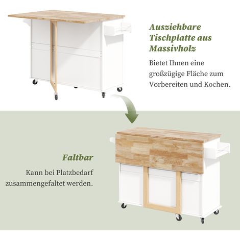 Table cuisine mobile 137x43(76)x92cm plan chêne pliable,3 tiroirs et accessoires de rangement pour cuisine et maison.