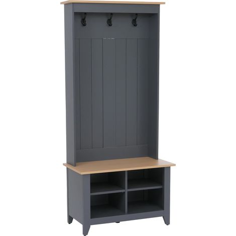 [NUNCA USADO] Aparador HHG-680, perchero de pie con estante para zapatos y banco, 3 ganchos y 4 compartimentos, melamina, 170 x 76 x 39 cm, gris oscuro, natural