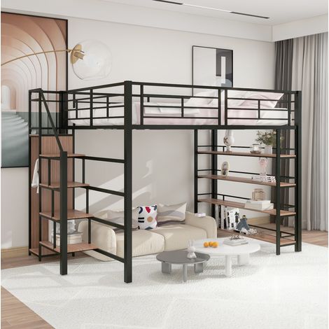Hochbett MDF & Metall Schwarz 140x200 cm mit Stauraumtreppe, Regalen und kleiner Garderobe (1/5)