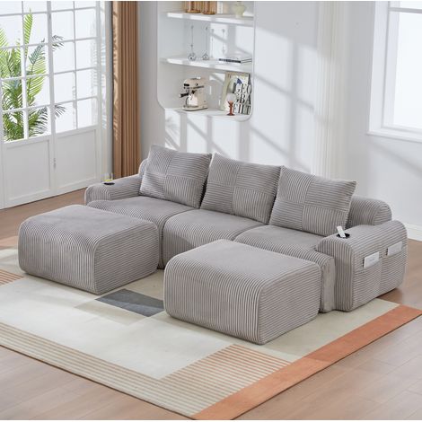 Divano modulare a 3 posti in corduroy grigio chiaro con 2 pouf e portabicchiere (1/5)
